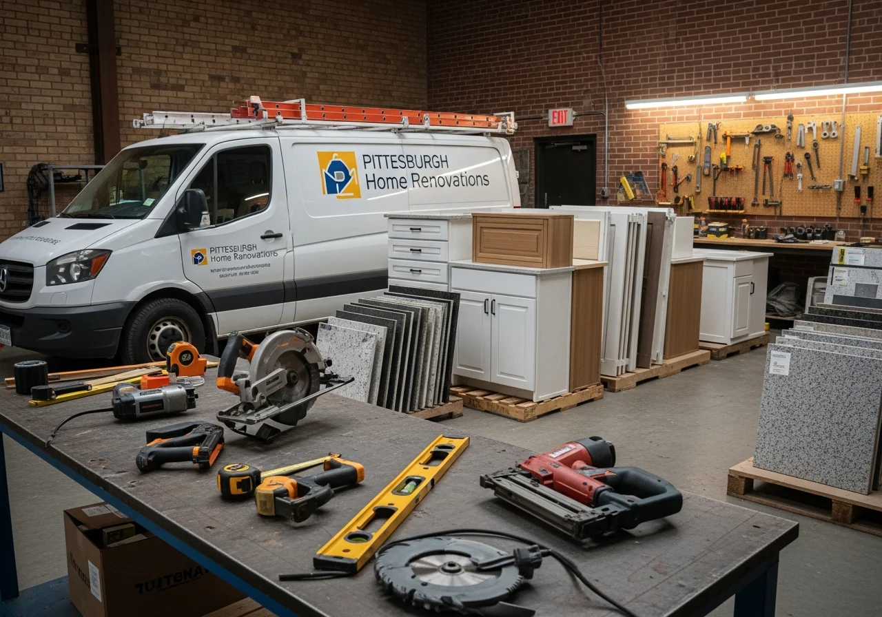 Renovation crew and tools on a residential job site, ready for work.