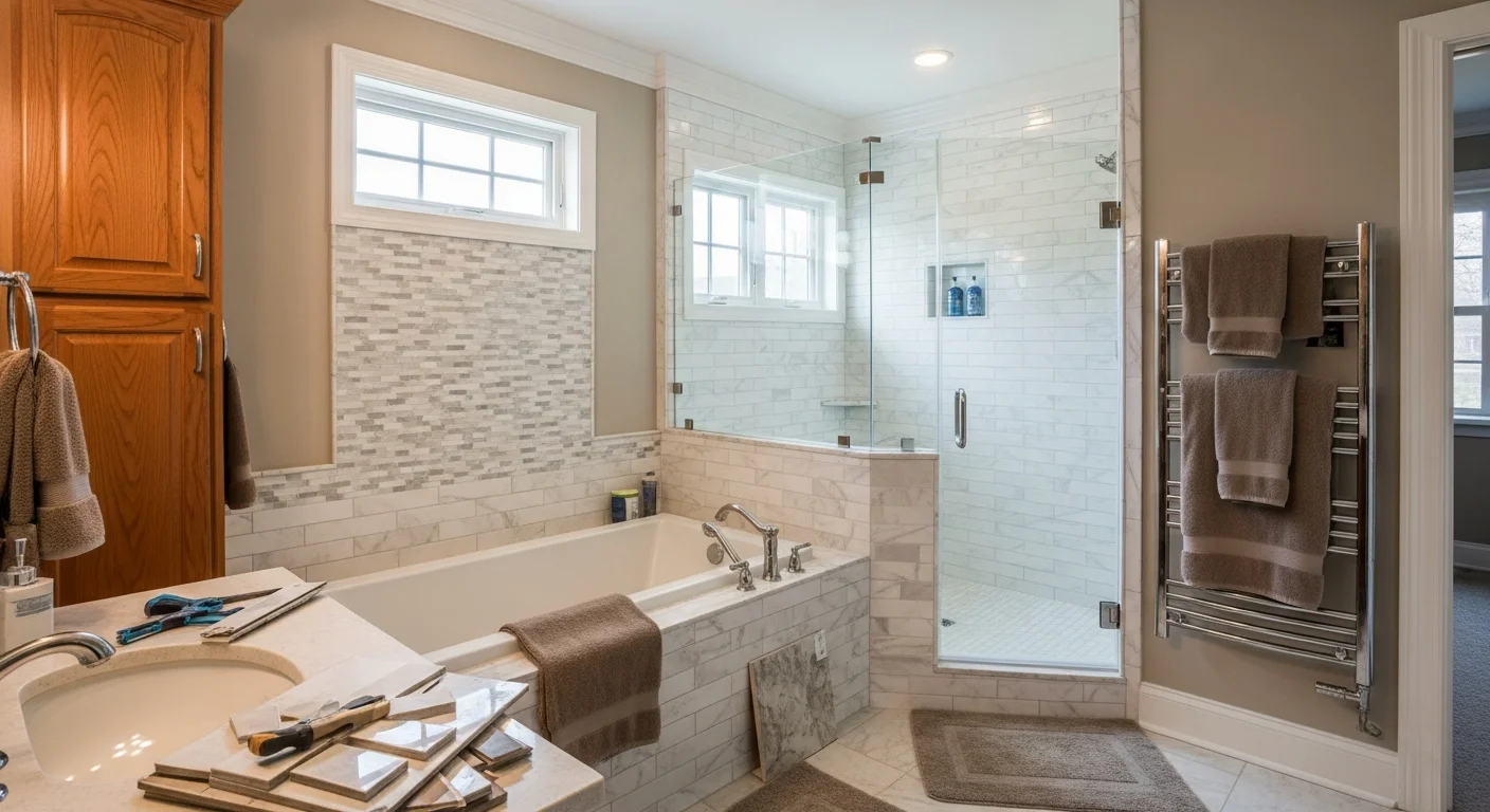 Luxury bathroom with walk-in shower, heated flooring, and custom vanity in Pittsburgh home