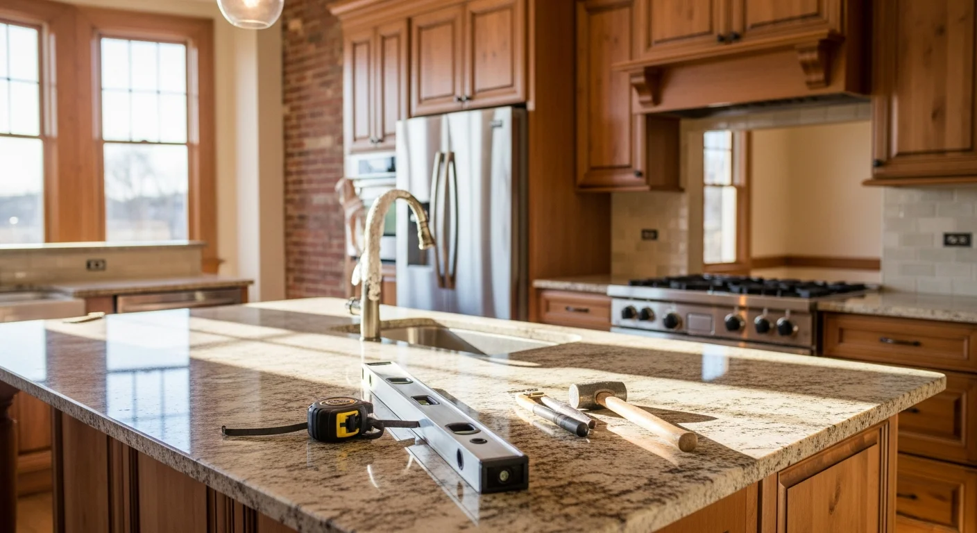 Modern kitchen with custom cabinetry, granite countertops, and island in Pittsburgh home