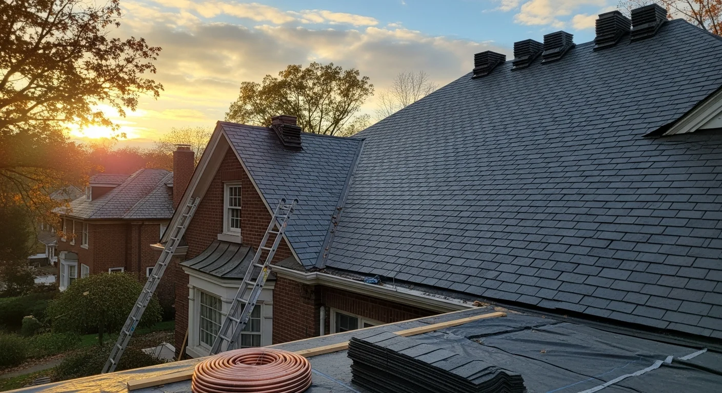 Slate roof installation on historic Pittsburgh home with gutters and downspouts