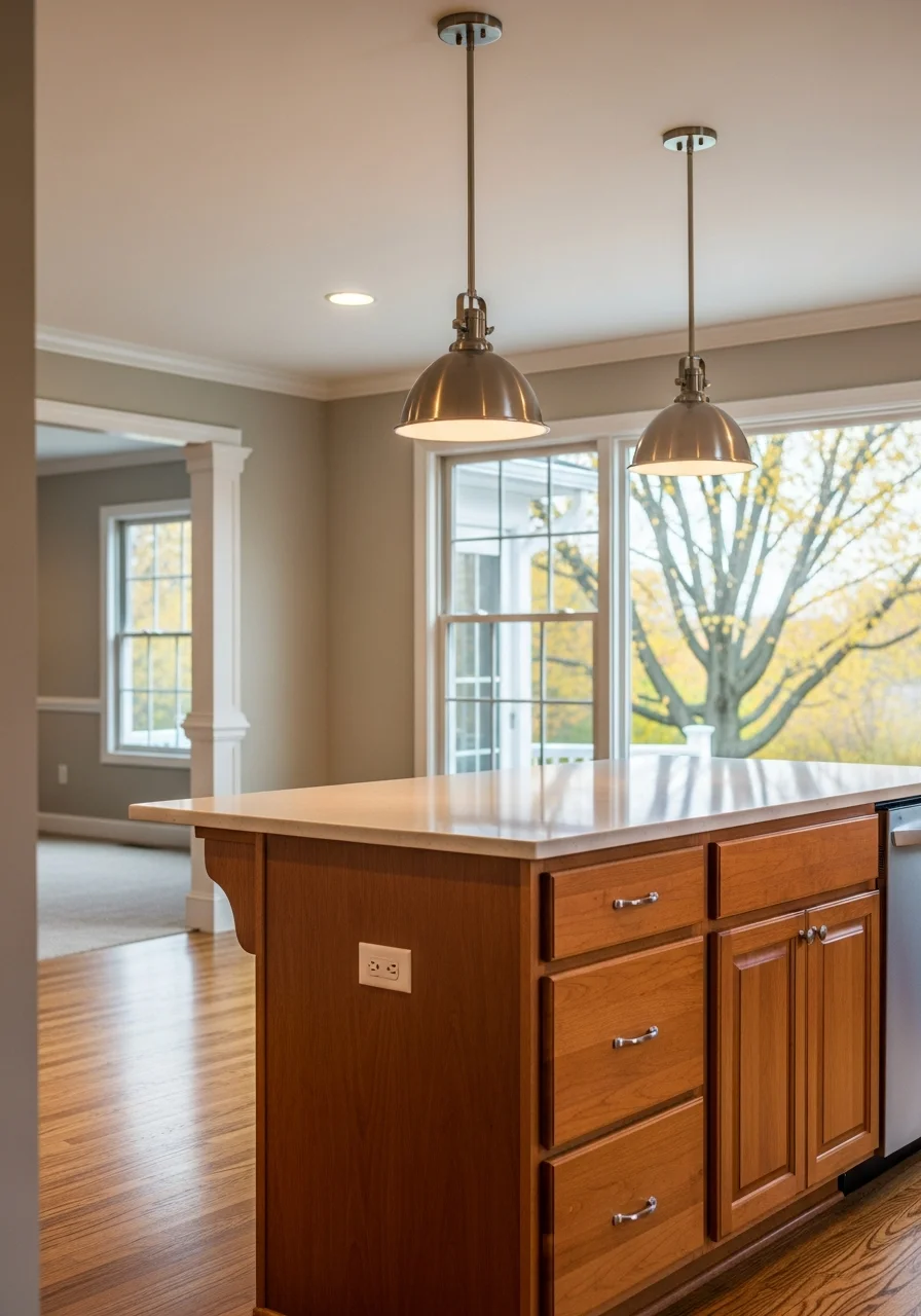 Spacious kitchen with island, pendant lighting, and updated cabinetry in a Cranberry Township renovation.