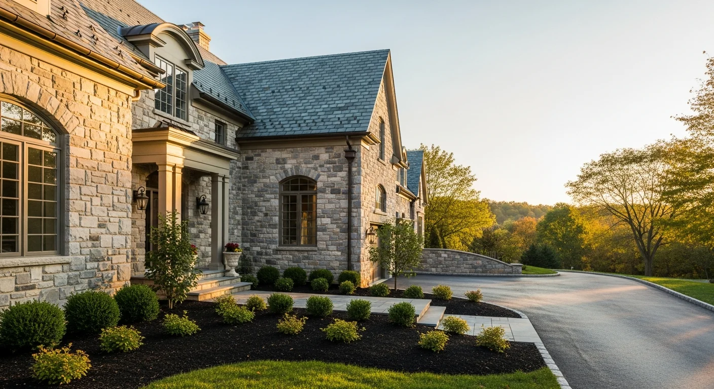 Elegant stone and slate-roofed estate home with mature landscaping and circular driveway in Fox Chapel.