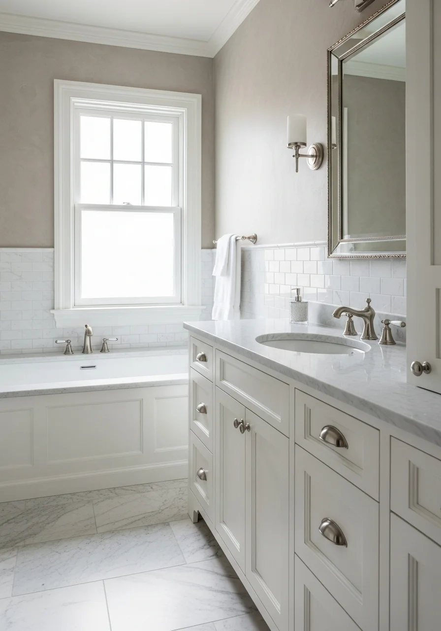 Luxury bathroom with marble finishes and custom cabinetry in a historic Sewickley home.