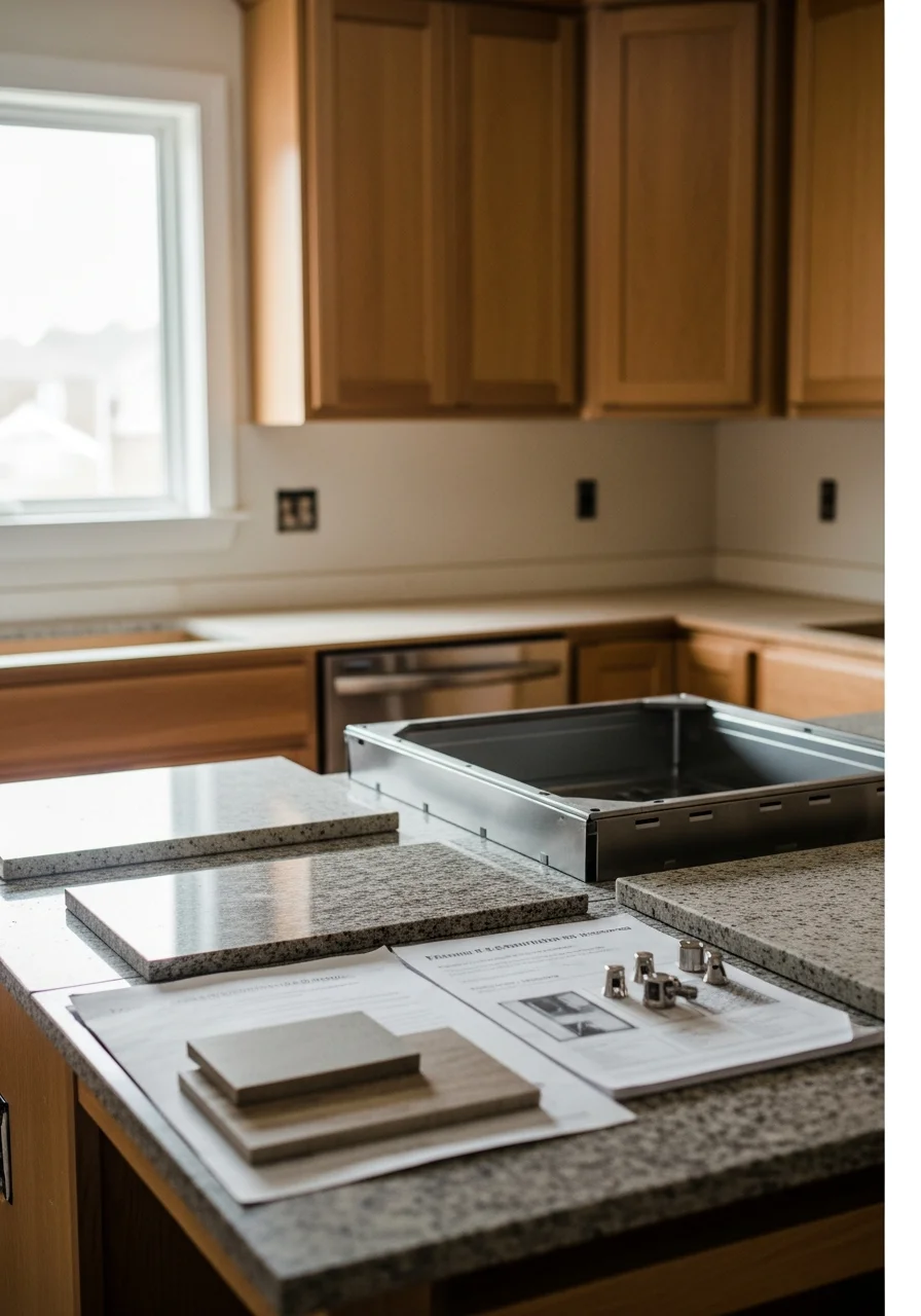 Updated kitchen with granite counters, stainless steel appliances, and wood cabinetry in a North Hills home.