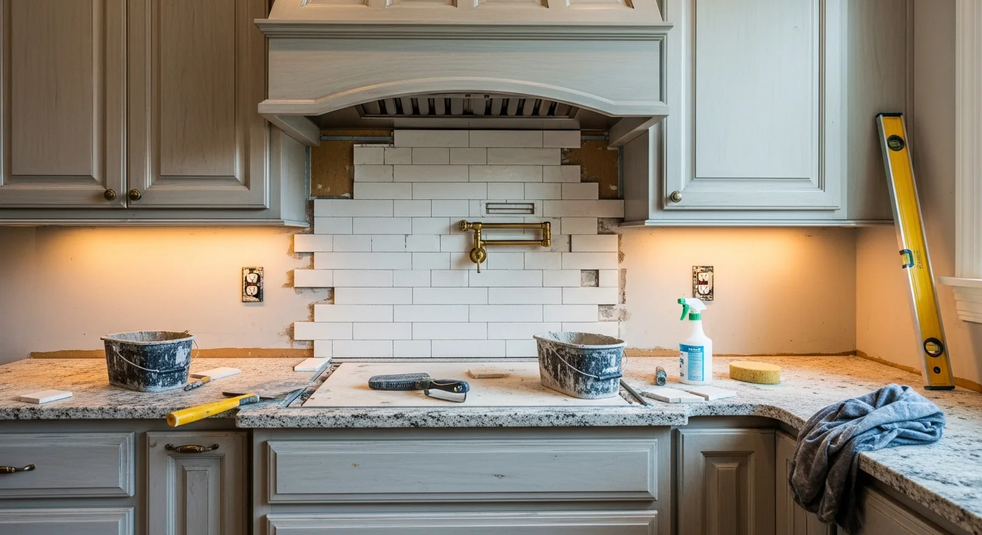 Freshly installed kitchen tile backsplash in a Fox Chapel custom home, running from countertop to upper cabinets with tight grout lines and precise cuts around a stainless range hood. The tile coordinates with natural stone countertops and painted cabinetry typical of a gut-renovated Pittsburgh-area estate kitchen.