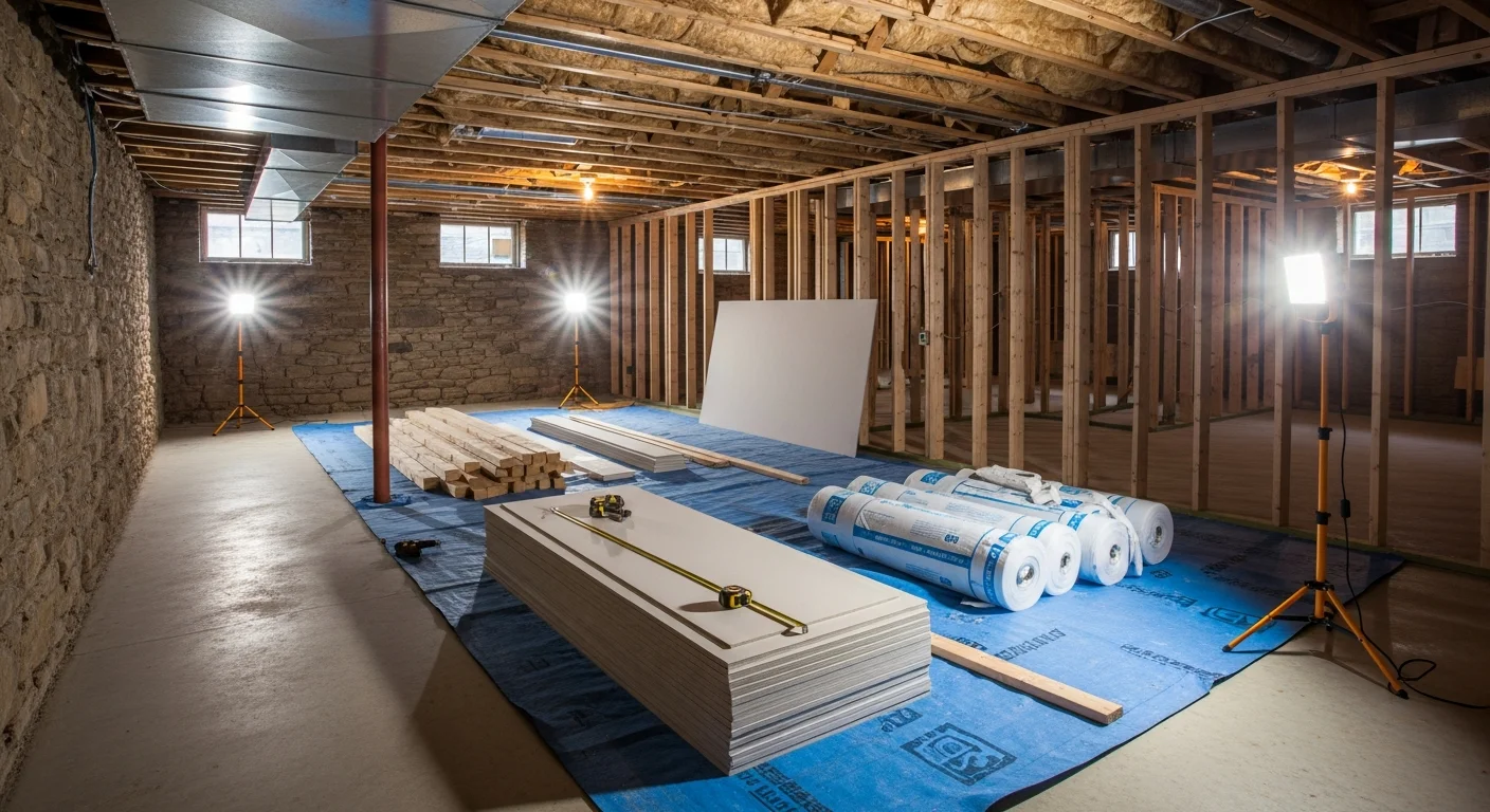 A finished basement in a Fox Chapel estate home featuring recessed lighting, built-in shelving, and hardwood-style flooring with a dedicated home office area. The space reflects the custom finish level typical of older Fox Chapel properties renovated by Pittsburgh Home Renovations.