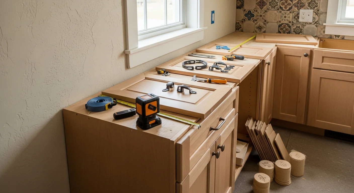 Newly installed custom wood cabinetry in a large Fox Chapel kitchen featuring floor-to-ceiling uppers, integrated trim details, and a layout fitted to a non-standard wall run. The finish and door profile are matched to the home's existing millwork.