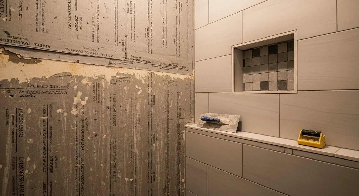 A finished custom tile shower in a Fox Chapel primary bathroom, featuring large-format wall tile, a built-in niche, and a frameless glass enclosure. The shower footprint reflects the oversized layout typical of estate-level primary baths in the Fox Chapel area.