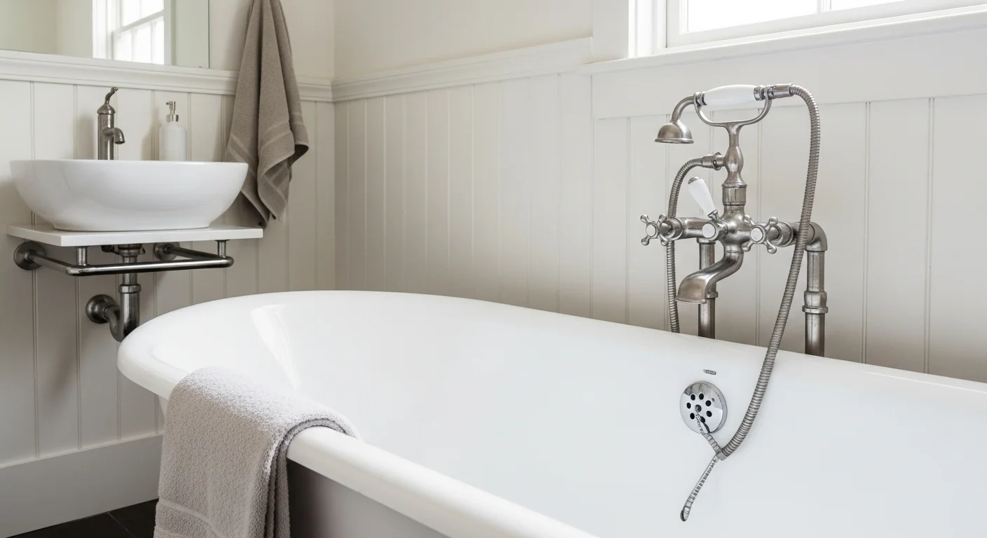 A freestanding soaking tub installed in a primary bathroom of a Fox Chapel home, centered on large-format tile with floor-mounted plumbing connections visible at the base. The bathroom features high ceilings and natural light consistent with the older custom-home architecture common in Fox Chapel, PA.
