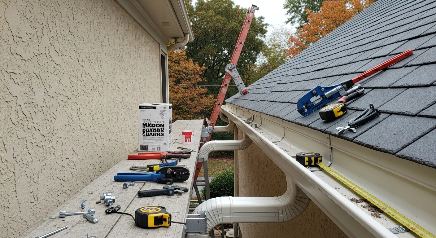 Newly installed gutter and downspout system running along the roofline of a large custom estate home in Fox Chapel, Pennsylvania. The downspout extends away from the stone foundation toward a landscaped lawn on a wooded lot.