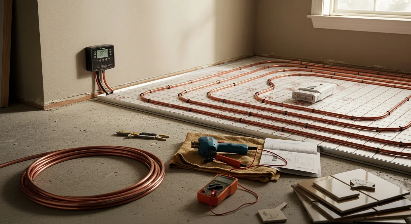 Freshly tiled bathroom floor in a Fox Chapel home with radiant heating elements installed beneath large-format stone tile. Close-up view shows clean grout lines and a wall-mounted programmable thermostat in the background.