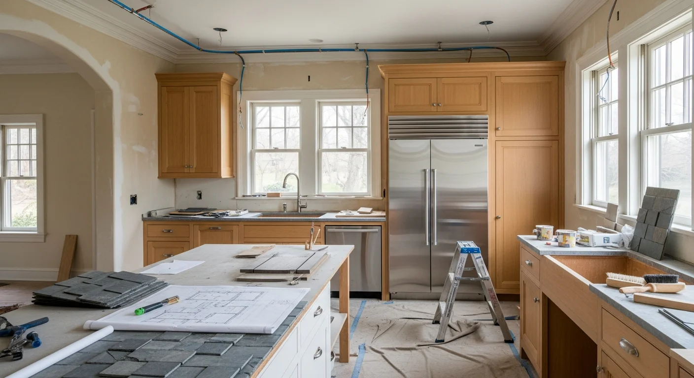 Restored historic estate home in Fox Chapel, Pennsylvania, showing a renovated full-gut kitchen with original millwork preserved alongside modern cabinetry and updated lighting. The open layout connects to a formal dining room typical of older Colonial Revival homes in the Fox Chapel borough.
