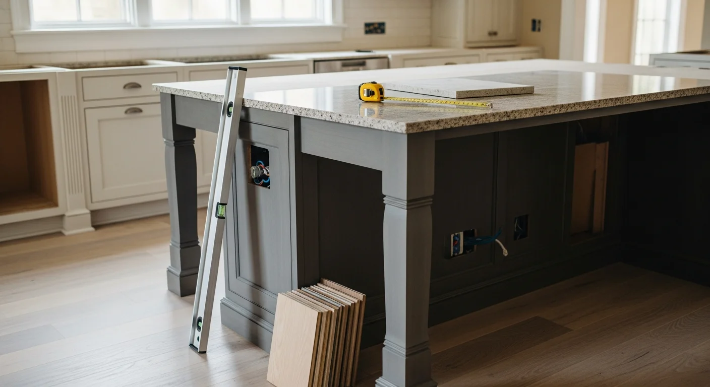 A large custom kitchen island with built-in cabinetry and stone countertop installed inside a Fox Chapel estate home kitchen during a Pittsburgh Home Renovations remodel. The island features seating on one side and flush-panel cabinet doors that match the surrounding perimeter cabinetry.