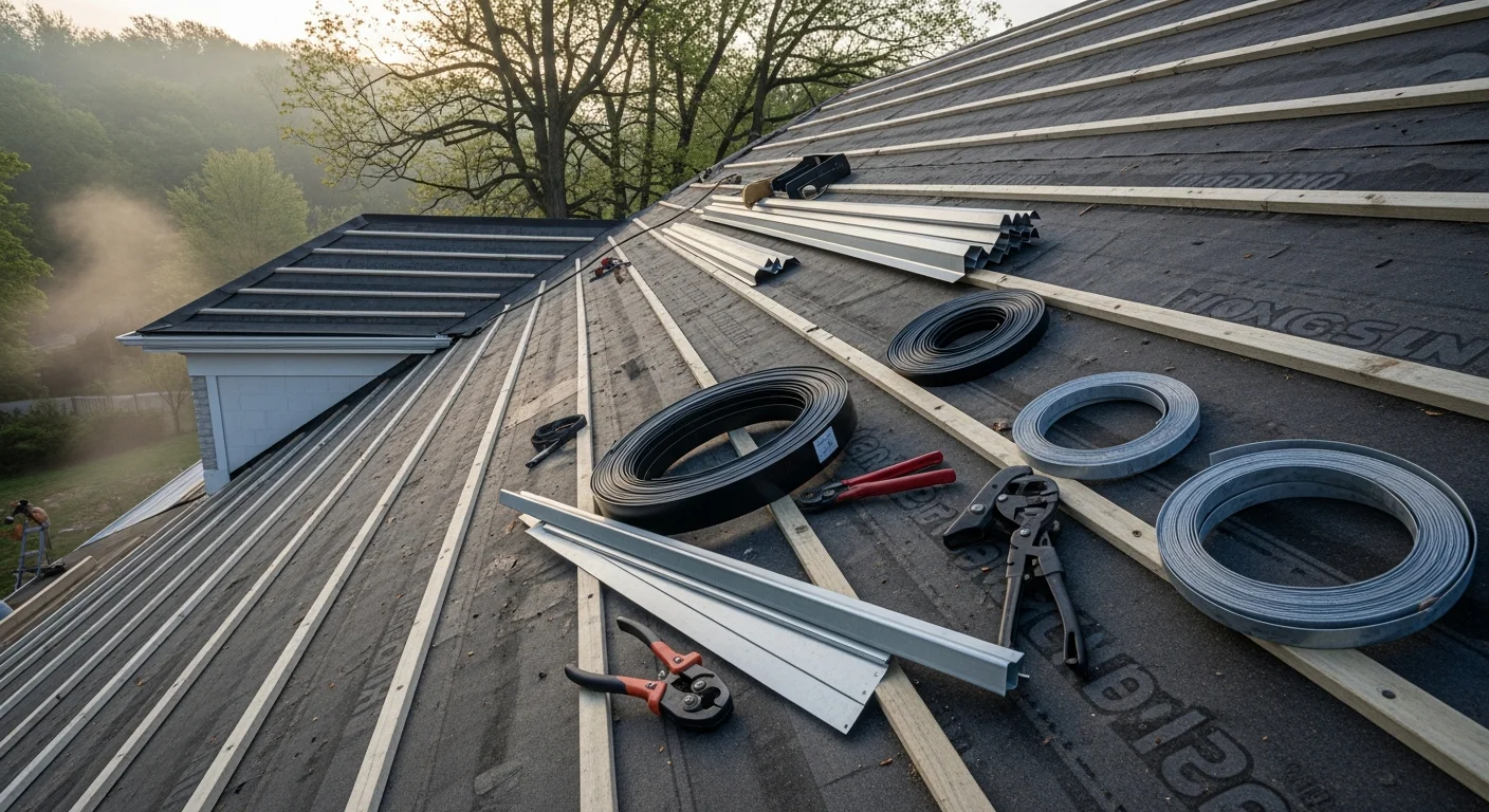 A completed standing seam metal roof installation on a large custom estate home in Fox Chapel, Pennsylvania, showing fitted panels across a steep multi-valley roofline with finished ridge caps and flashing detail at dormers. The surrounding wooded lot and large-lot property setting are visible in the background.