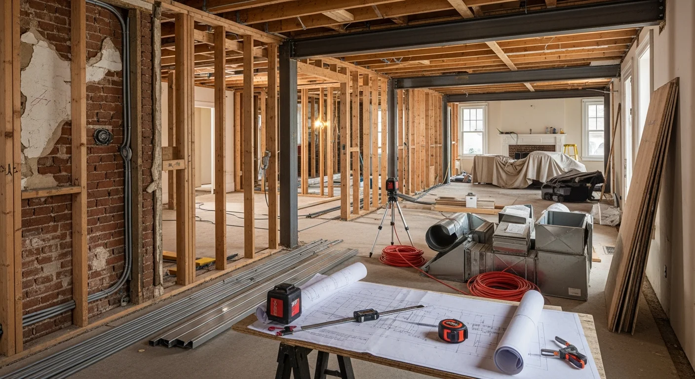 A Fox Chapel estate home main floor after open-concept conversion, showing a kitchen and living area connected by an open span where a dividing wall once stood. Original hardwood floors and trim details are preserved throughout the newly opened space.