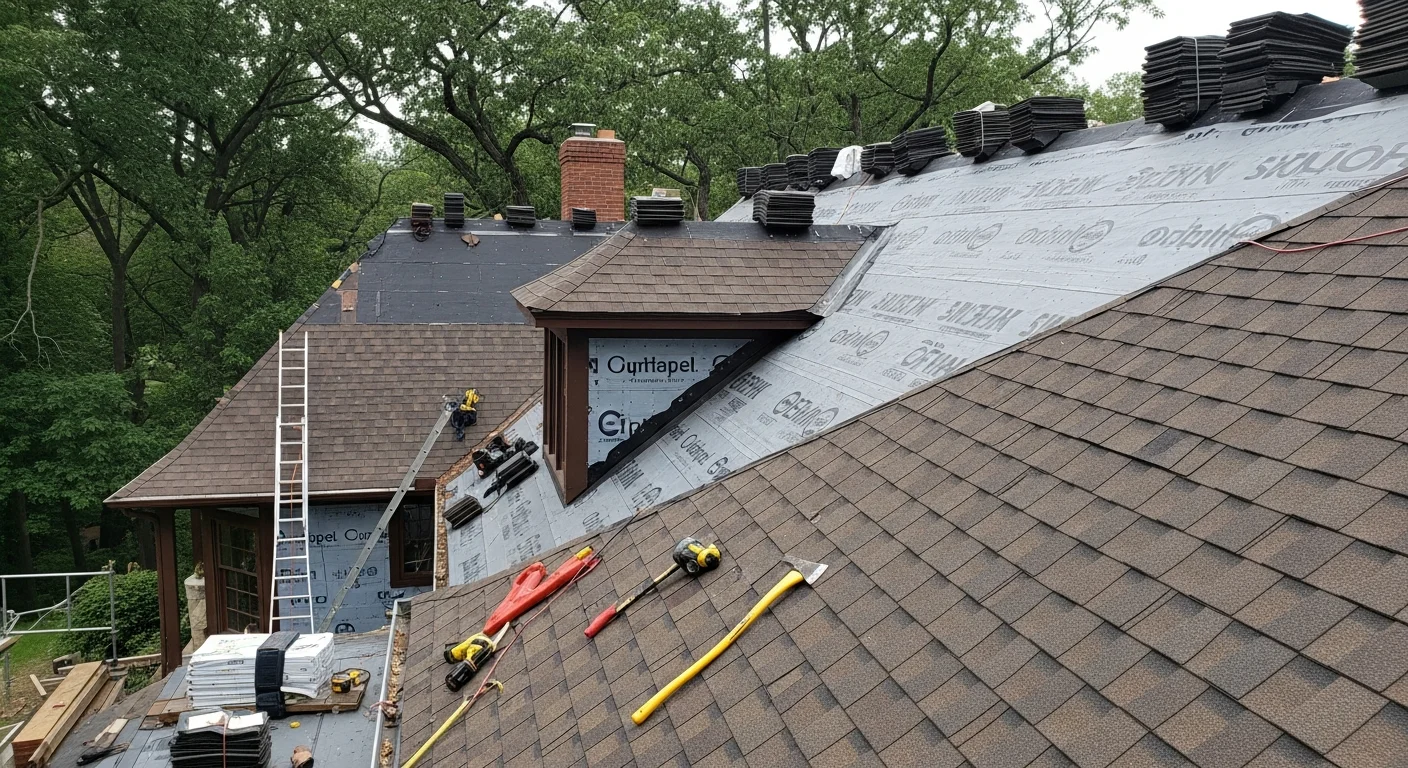 A completed roof replacement on a large custom home in Fox Chapel, PA, showing new architectural shingles installed across a steep multi-pitch roofline with dormers. The finished roof contrasts with the mature tree canopy and large-lot setting typical of Fox Chapel estates.