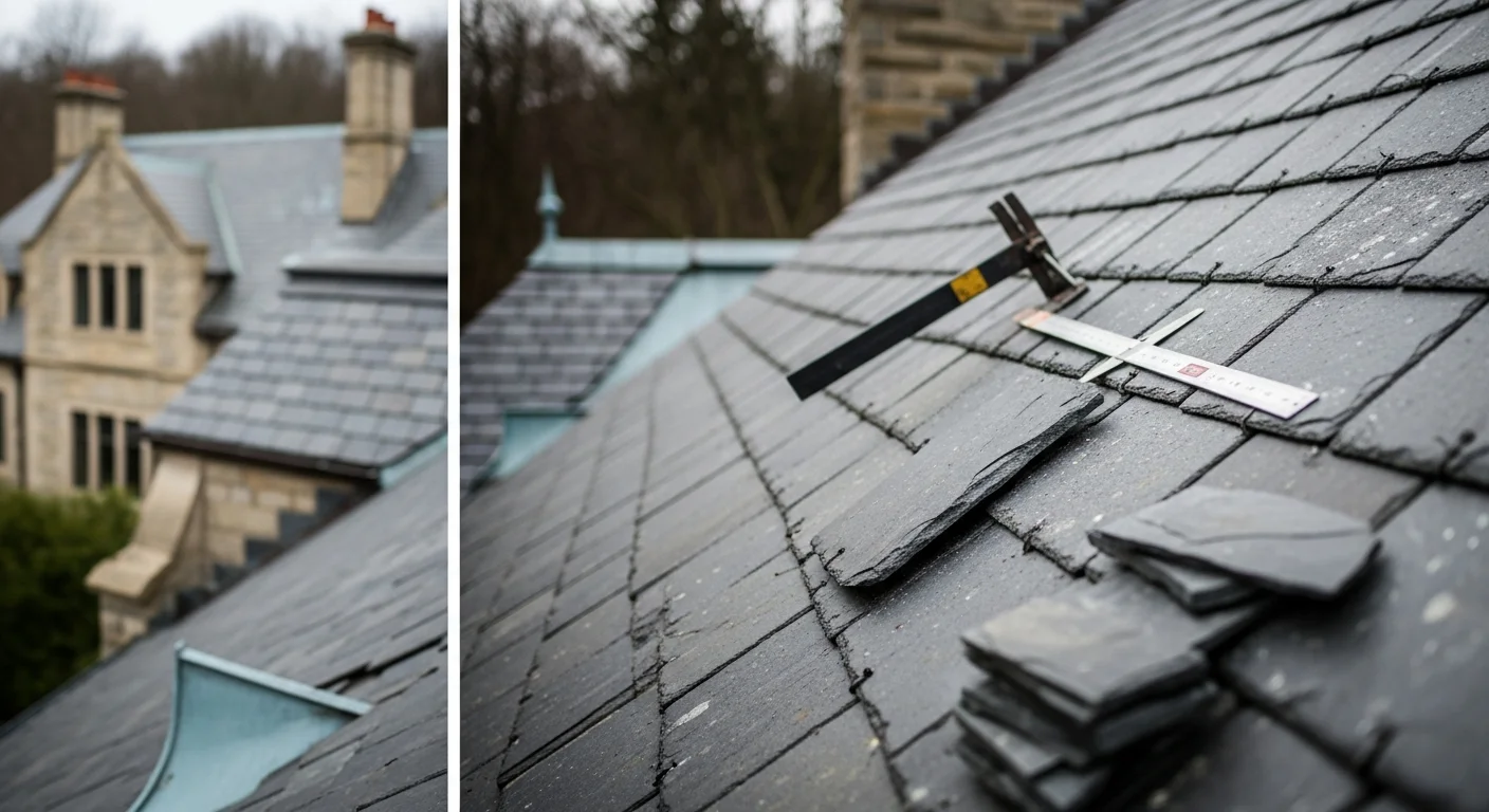 A steeply pitched natural slate roof on a large Fox Chapel estate home, showing intact gray slate tiles, copper flashing at a dormer junction, and mature tree canopy in the background. Pittsburgh Home Renovations crew on roof performing tile inspection and repair work.
